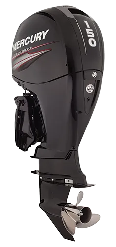 A Mercury outboard in profile, from cowling down to the propeller