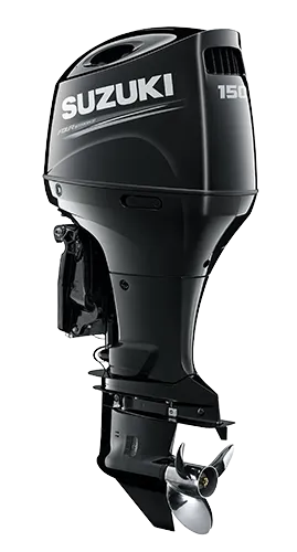 A Suzuki outboard in profile, from cowling down to the propeller