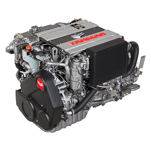A Yanmar marine engine seen from the front, silver cylinder head cover above black ancillaries