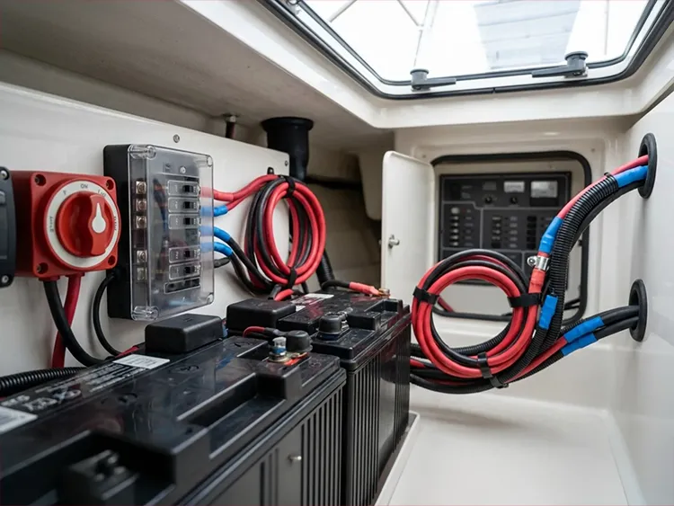 Boat batteries, isolator switch and fuse panel Two boat batteries wired to a battery isolator switch and fuse panel, with new red and black cable runs neatly looped and tied